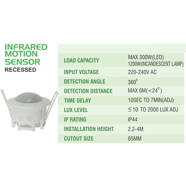 LEARC PIR motion sensor concealed with distance time and Lux adjustment GS1521