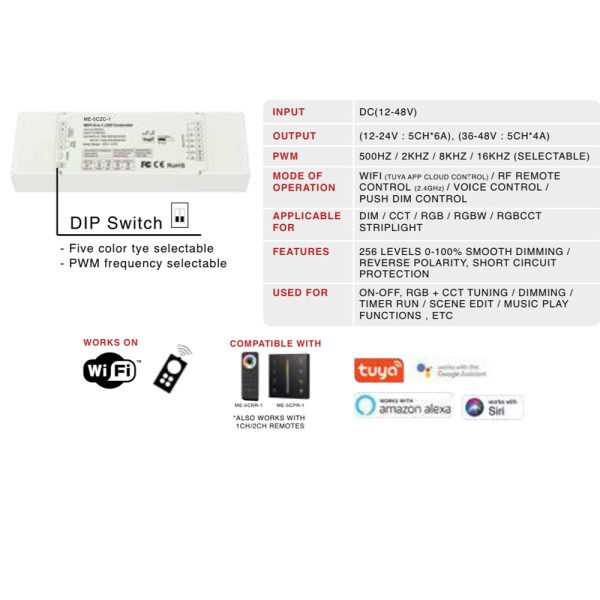 RF and WiFi controller for 5 channel for DIM / CCT / RGB / RGBW / RGBCCT STRIPLIGHT MEM233