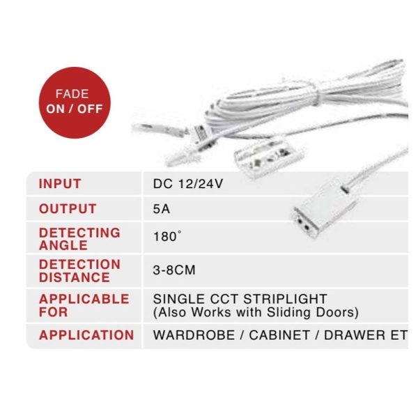 SINGLE DOOR AND SLIDING DOOR IR SENSOR TYPE 3 WITH ADDED FADE ON OFF FEATURE FOR SINGLE CCT LED STRIPS  FOR CABINET AND WARDROBE LIGHTING MEM249