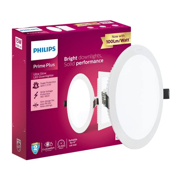 PHILIPS 15 WATT ROUND ULTRA GLOW PRIME PLUS RECESSED PANEL LIGHT, WARM WHITE, YELLOW, PH1007