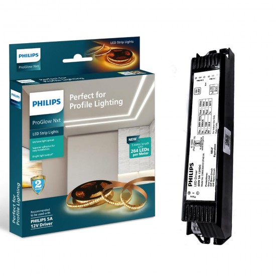 PHILIPS PROGLOW NXT 55 WATT LED STRIP LIGHT 264 LED PER METER COOL DAY LIGHT WHITE 6000K WITH 12V 5A DRIVER PH1242